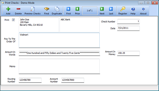 Print Checks Main Screen